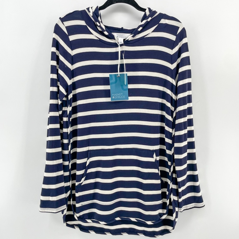 NEW Market & Spruce Milania French Terry Kangaroo Pocket Knit Top Navy Stripe L - Picture 2 of 7